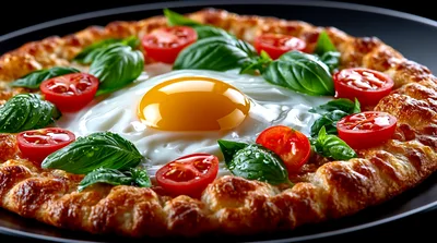 Gourmet Breakfast Pizza With Fried Egg And Tomatoes