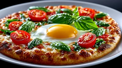 Fresh Breakfast Pizza With Fried Egg And Tomatoes