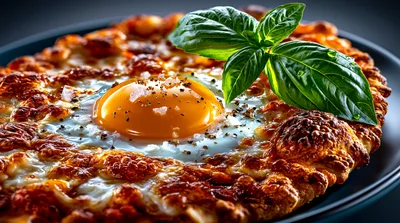 Gourmet Breakfast Pizza With Fried Egg And Basil