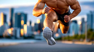 Muscular Athlete Sprinting Through Urban Cityscape