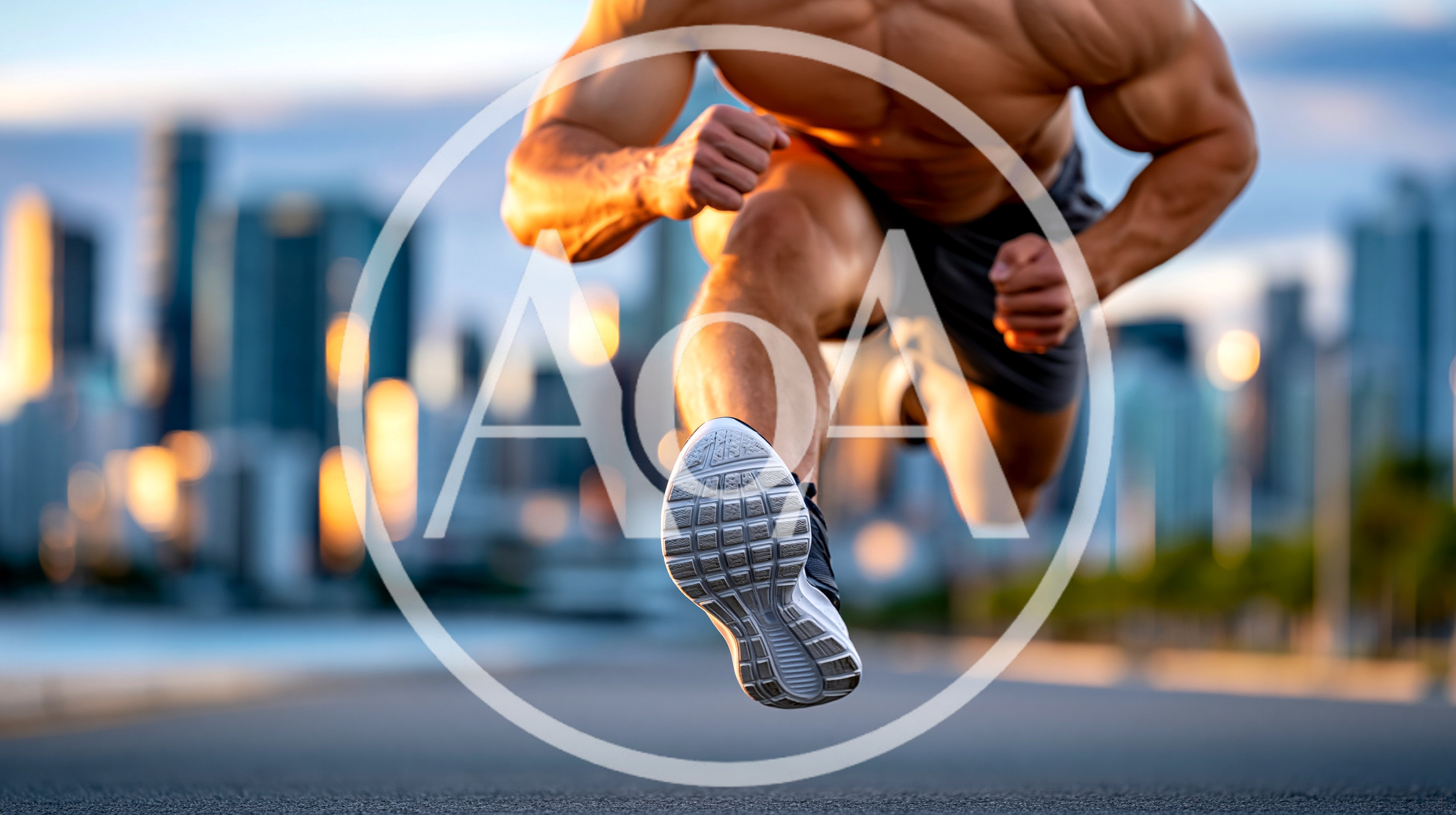 Muscular Athlete Sprinting Through Urban Cityscape