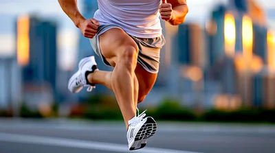 Muscular Athlete Running Fast On City Street