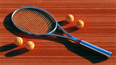 Tennis Racket And Four Balls On Clay Court