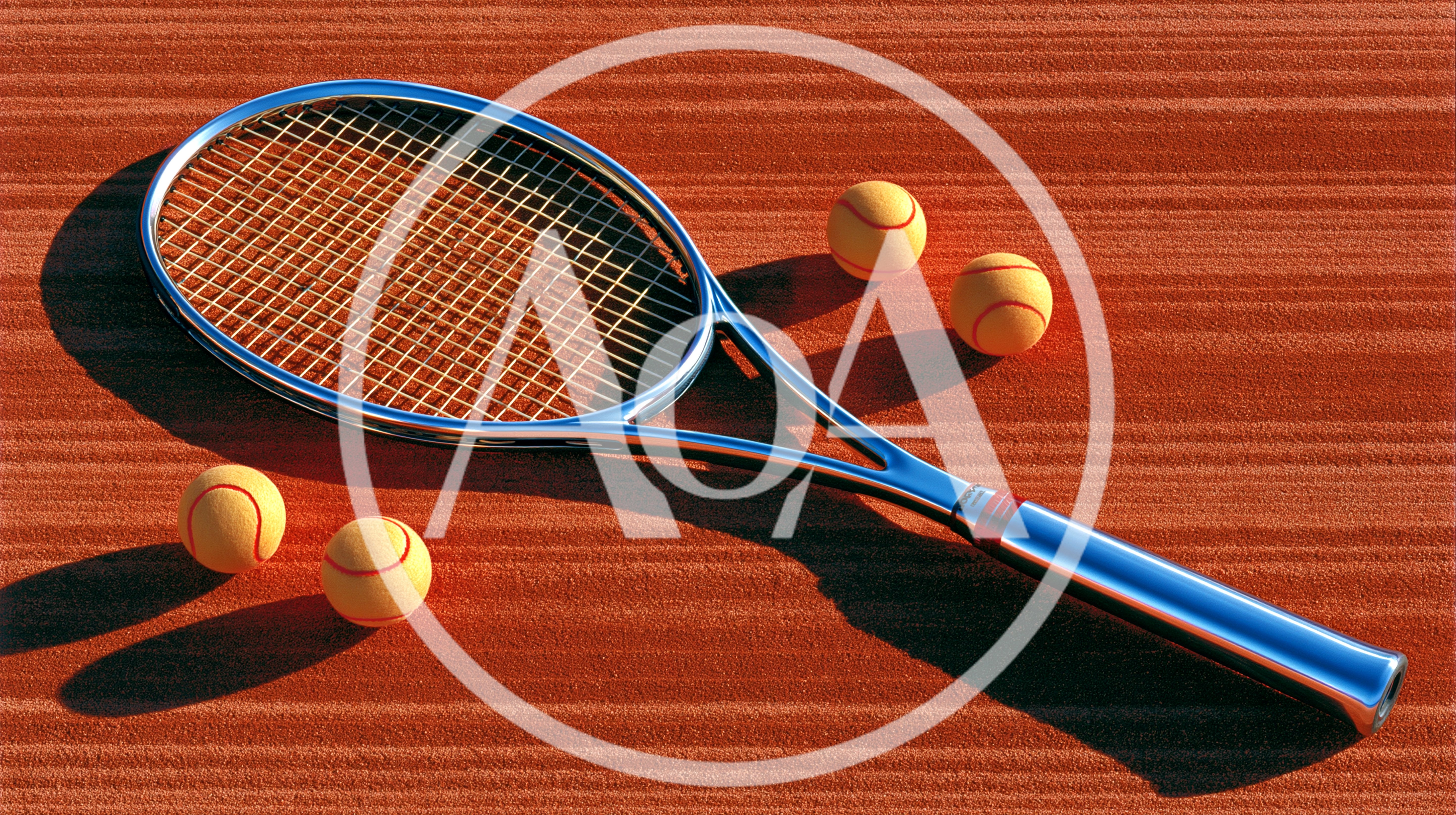 Tennis Racket And Four Balls On Clay Court