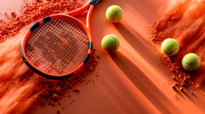 Tennis Racket And Balls On Clay Court Surface