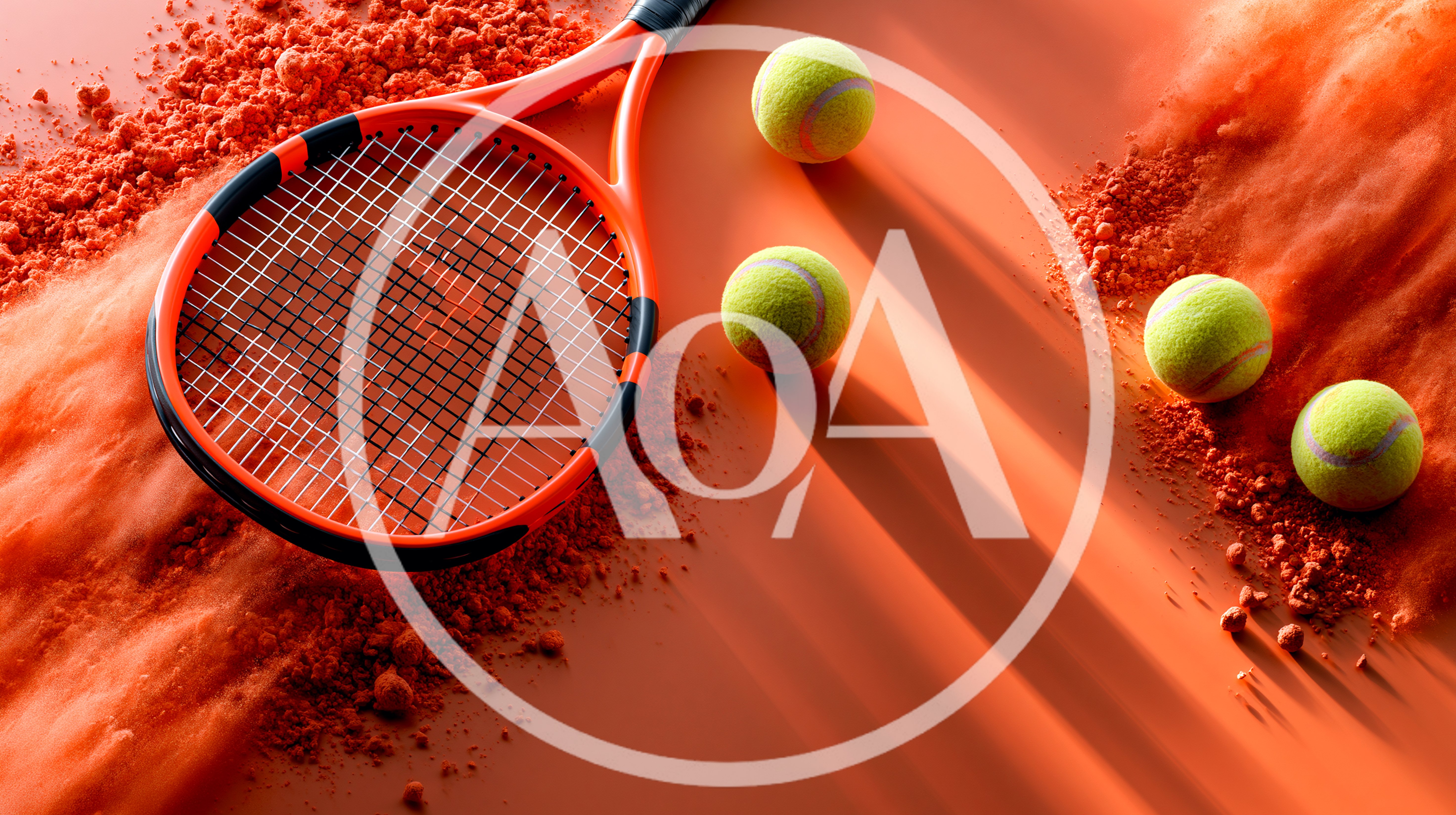 Tennis Racket And Balls On Clay Court Surface