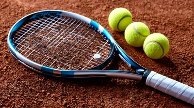 Tennis Racket And Three Balls On Clay Court