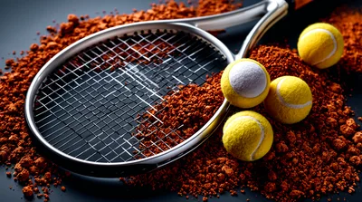 Tennis Racket And Balls On Clay Court Surface
