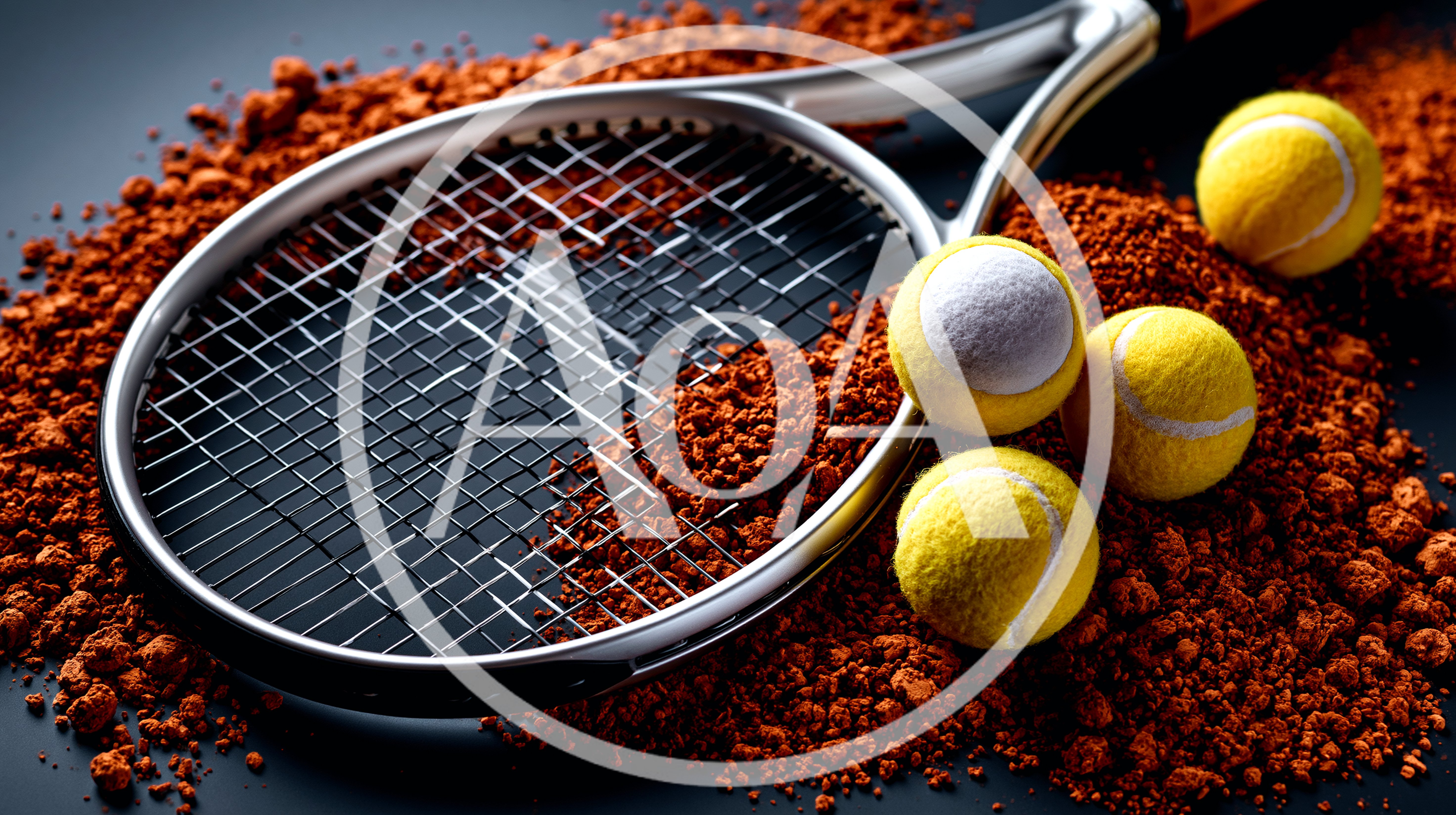 Tennis Racket And Balls On Clay Court Surface