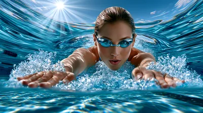 Professional Female Swimmer Underwater In A Bright Pool