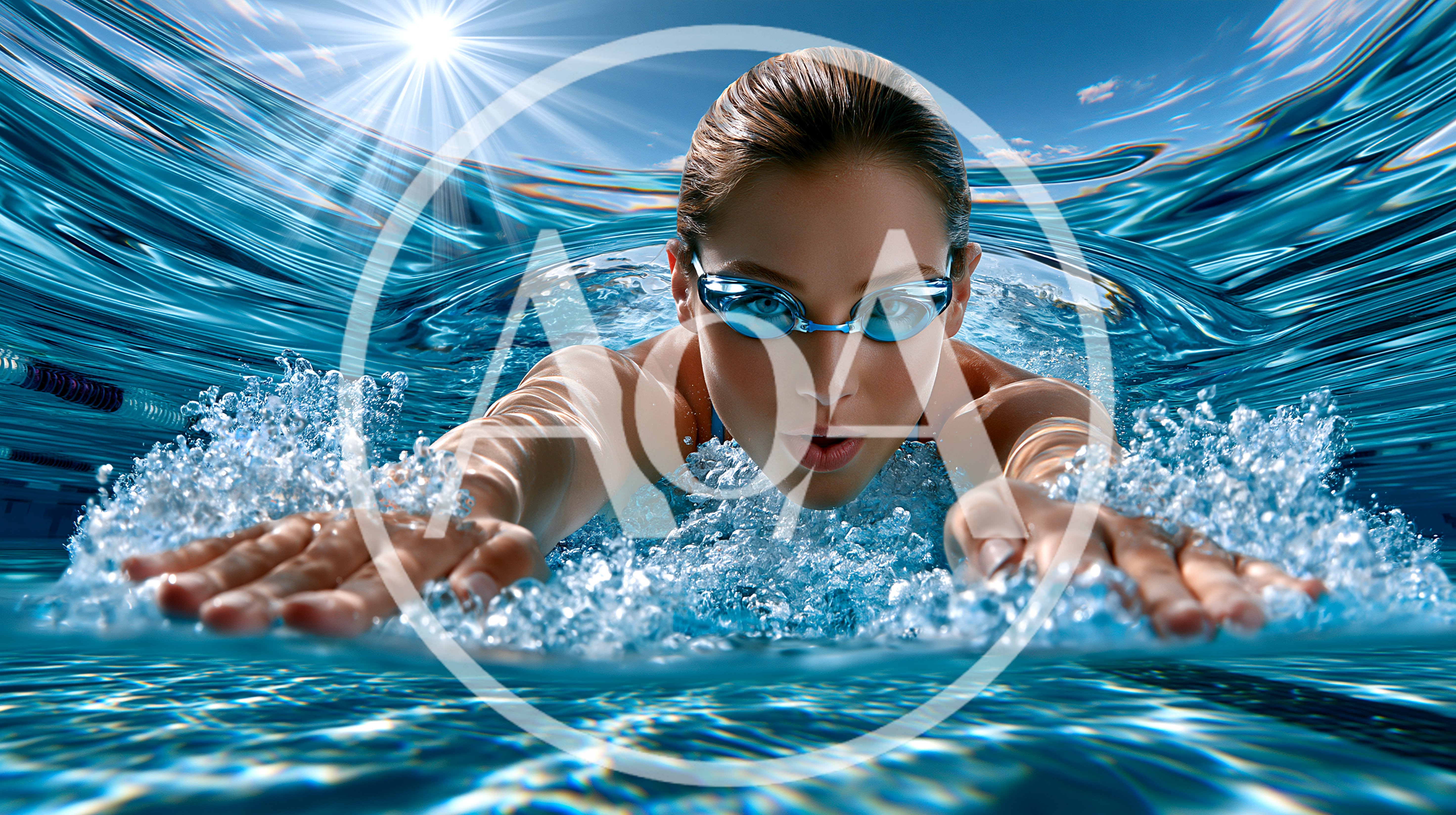 Professional Female Swimmer Underwater In A Bright Pool