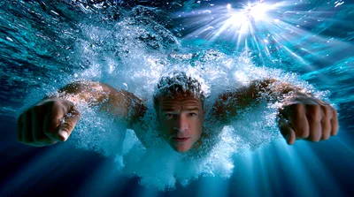 Man Swimming Underwater With Bubbles And Sun Rays