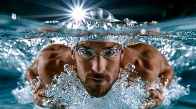 Professional Male Swimmer Emerging From Water Surface