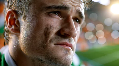 Close Up Portrait Of A Sweaty Emotional Soccer Player