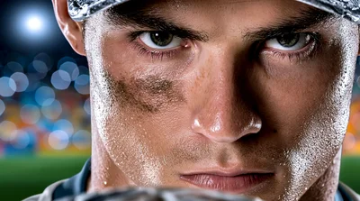Close Up Portrait Of Intense Baseball Player