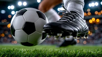Soccer Player Kicking Ball On Professional Stadium Field