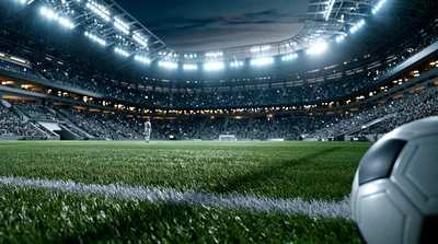 Soccer Ball On Grass Field In Empty Stadium