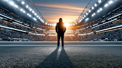 Lone Person Standing In Center Of Empty Football Stadium
