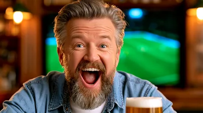 Excited Man Watching Sports With Beer In A Bar