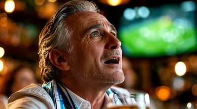 Middle Aged Man Watching Sports In A Bar