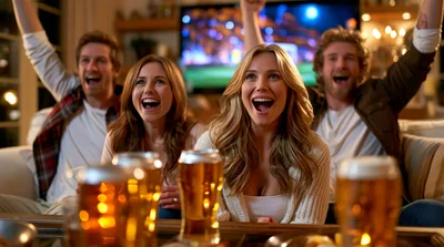 Friends Cheering While Watching Sports On Television