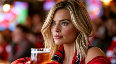Blonde Woman Holding A Beer Glass In A Bar