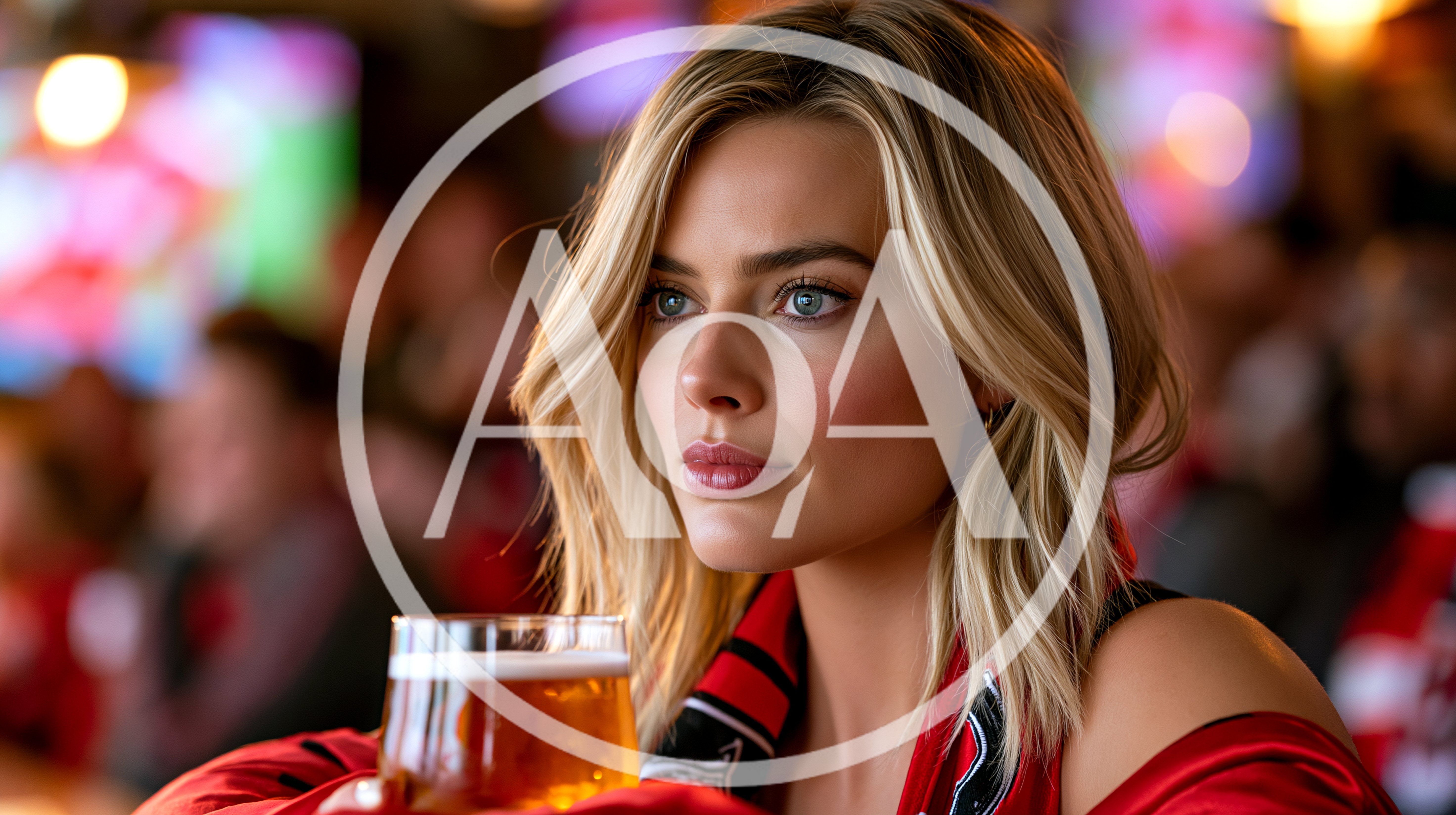 Blonde Woman Holding A Beer Glass In A Bar