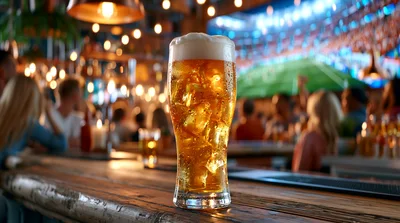 Glass Of Iced Beer On A Pub Bar Counter