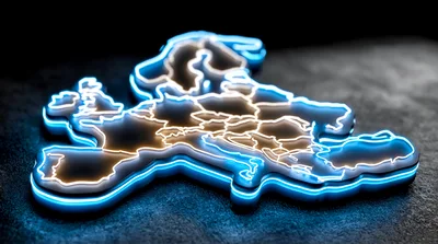 Glowing Neon Map Of Europe On Dark Textured Surface