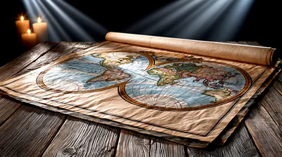 Antique World Map Scroll On Wooden Table