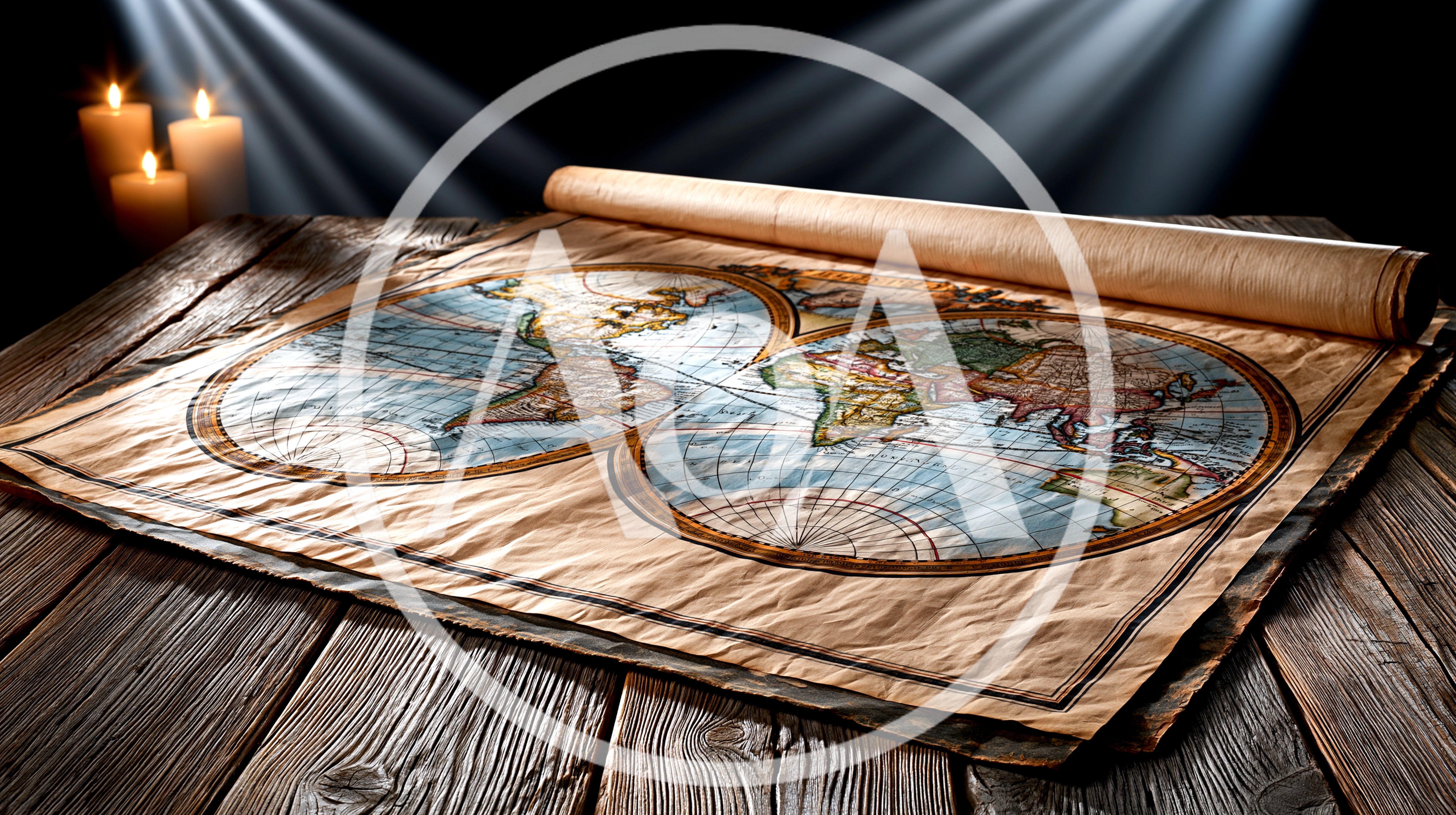 Antique World Map Scroll On Wooden Table