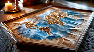 Framed Relief Map Of The World On Wooden Table
