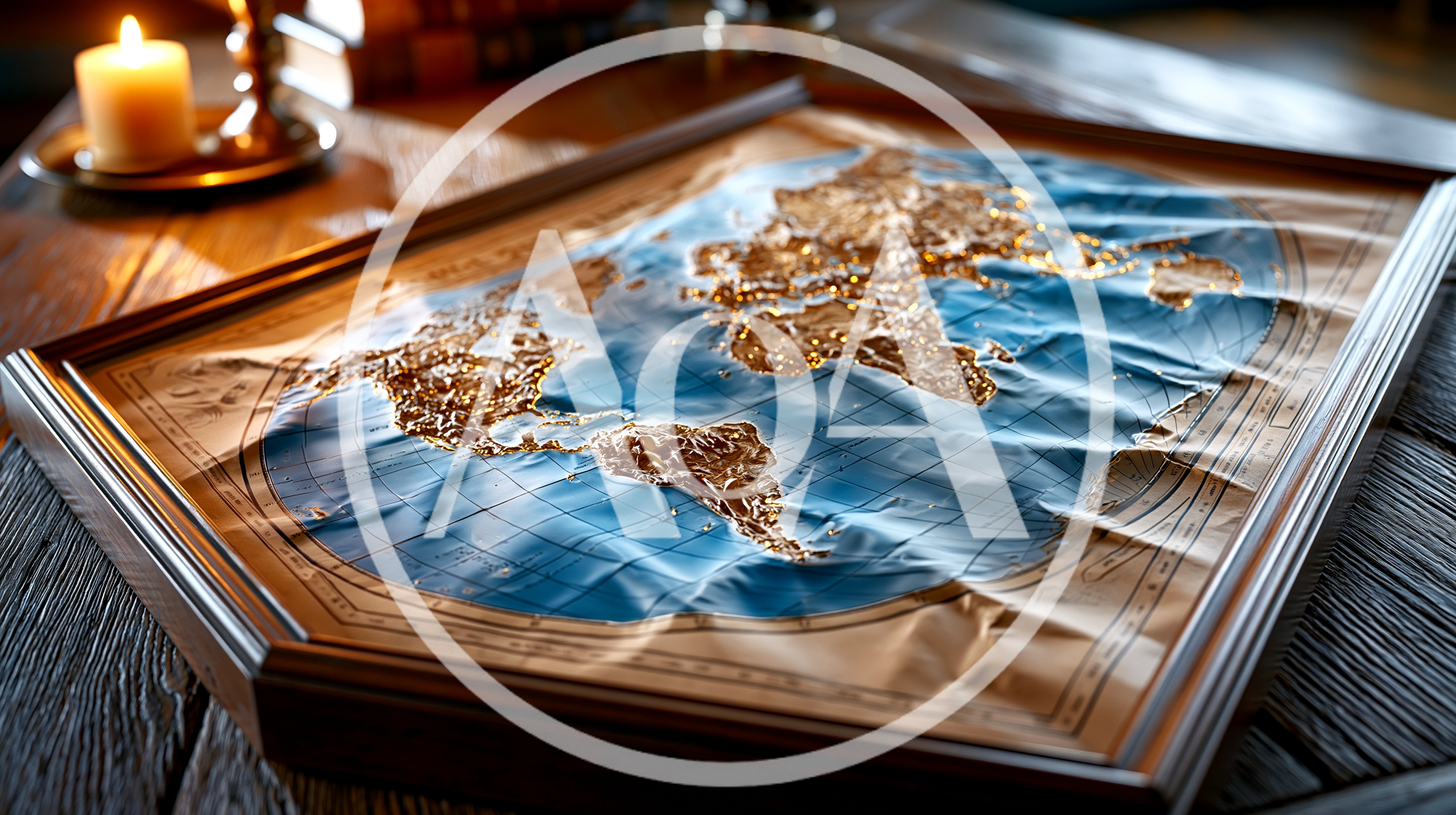Framed Relief Map Of The World On Wooden Table