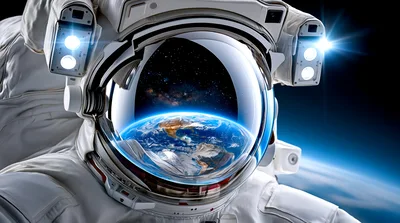 Astronaut Helmet Reflecting Earth From Outer Space