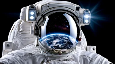 Astronaut In Space Suit With Earth Reflection In Visor