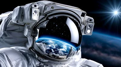 Astronaut Floating In Space With Earth Reflection