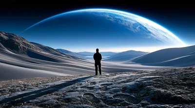 Lone Traveler Standing On Alien Planet Landscape