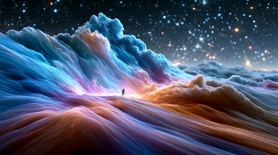Astronaut Walking Across Surreal Colorful Nebula Landscape