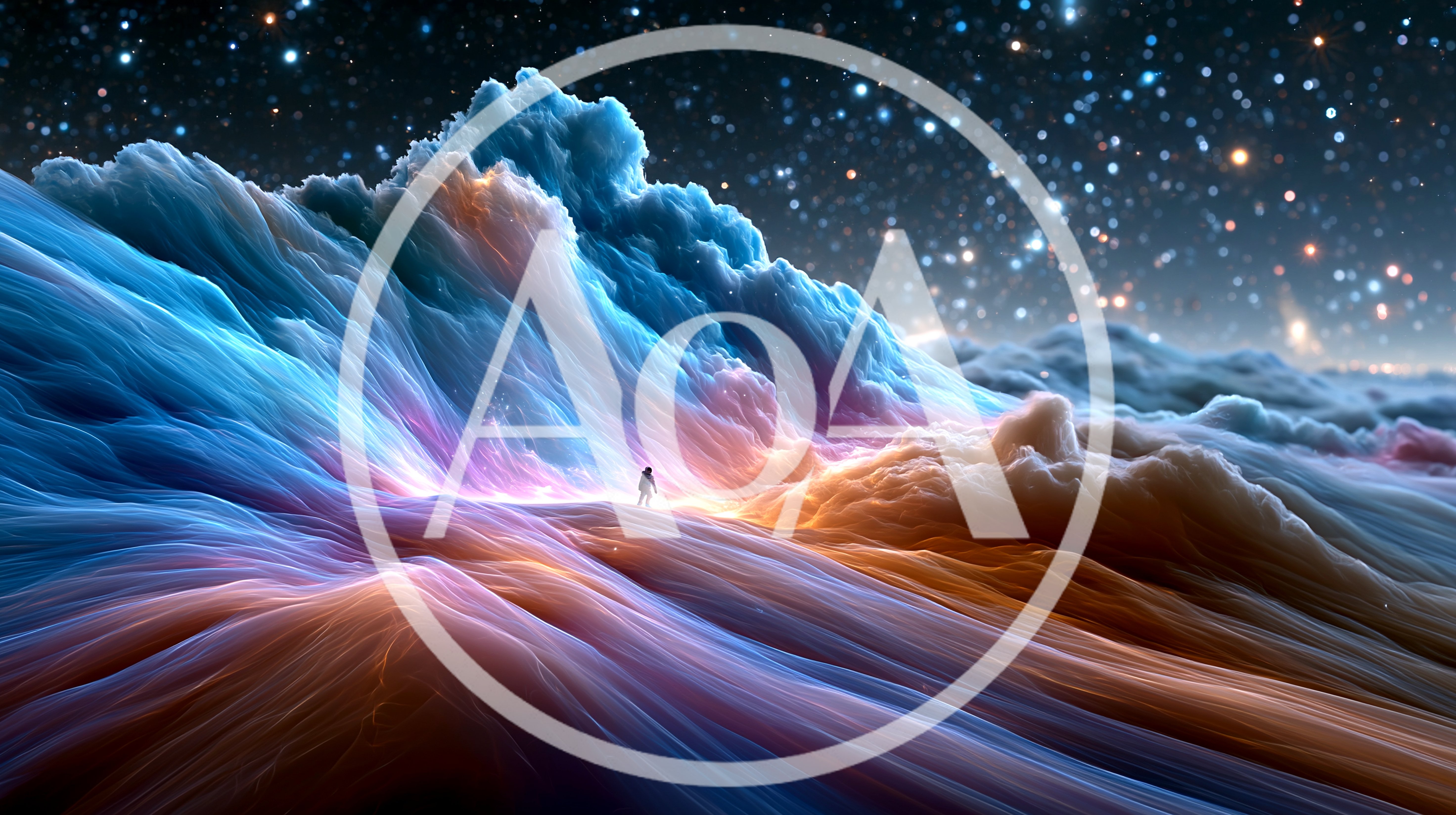 Astronaut Walking Across Surreal Colorful Nebula Landscape