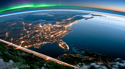 Aerial View Of North America At Night With Aurora