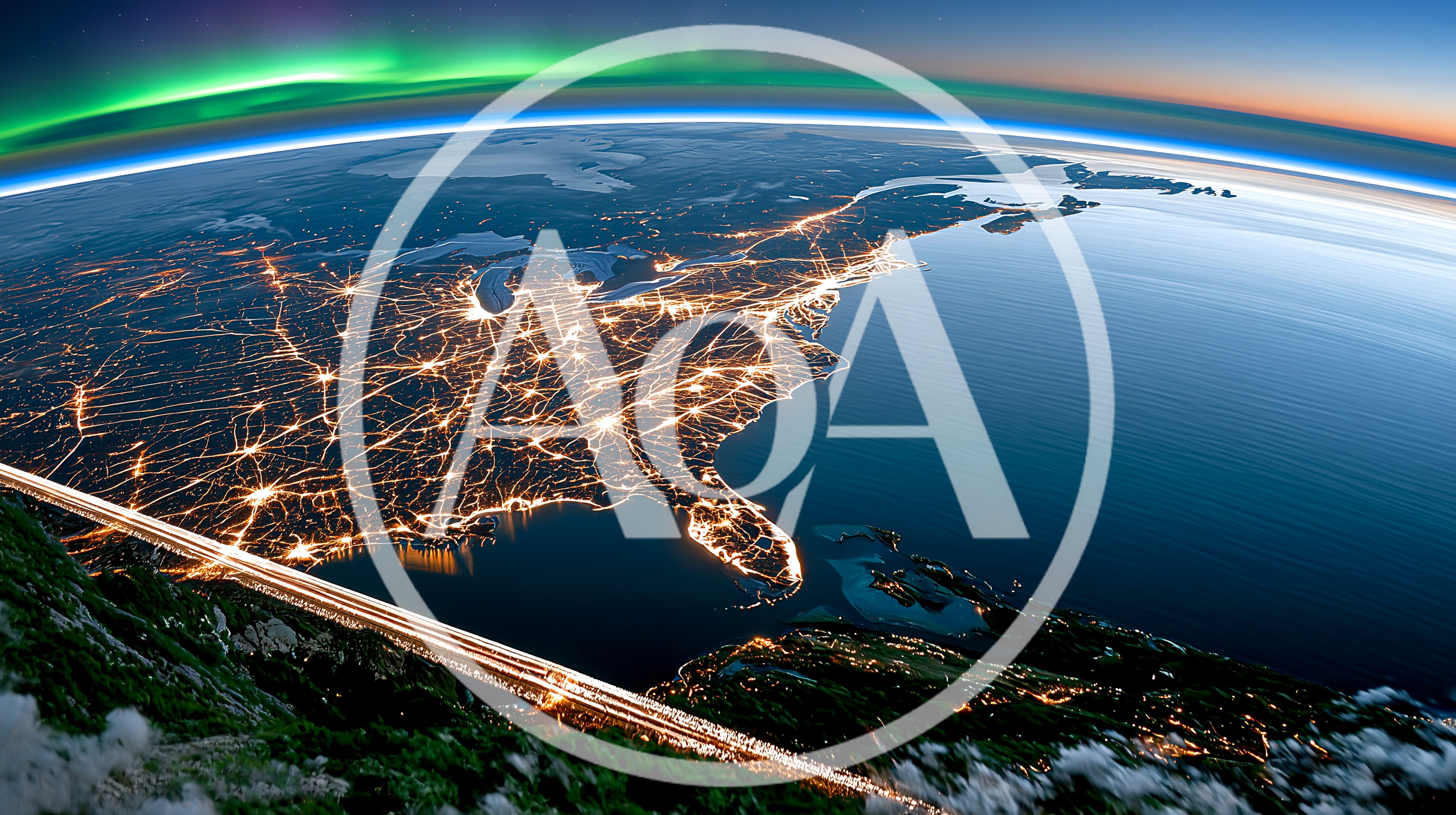 Aerial View Of North America At Night With Aurora