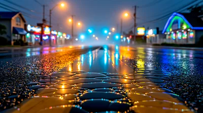 Wet Asphalt Road With Glowing City Lights At Night