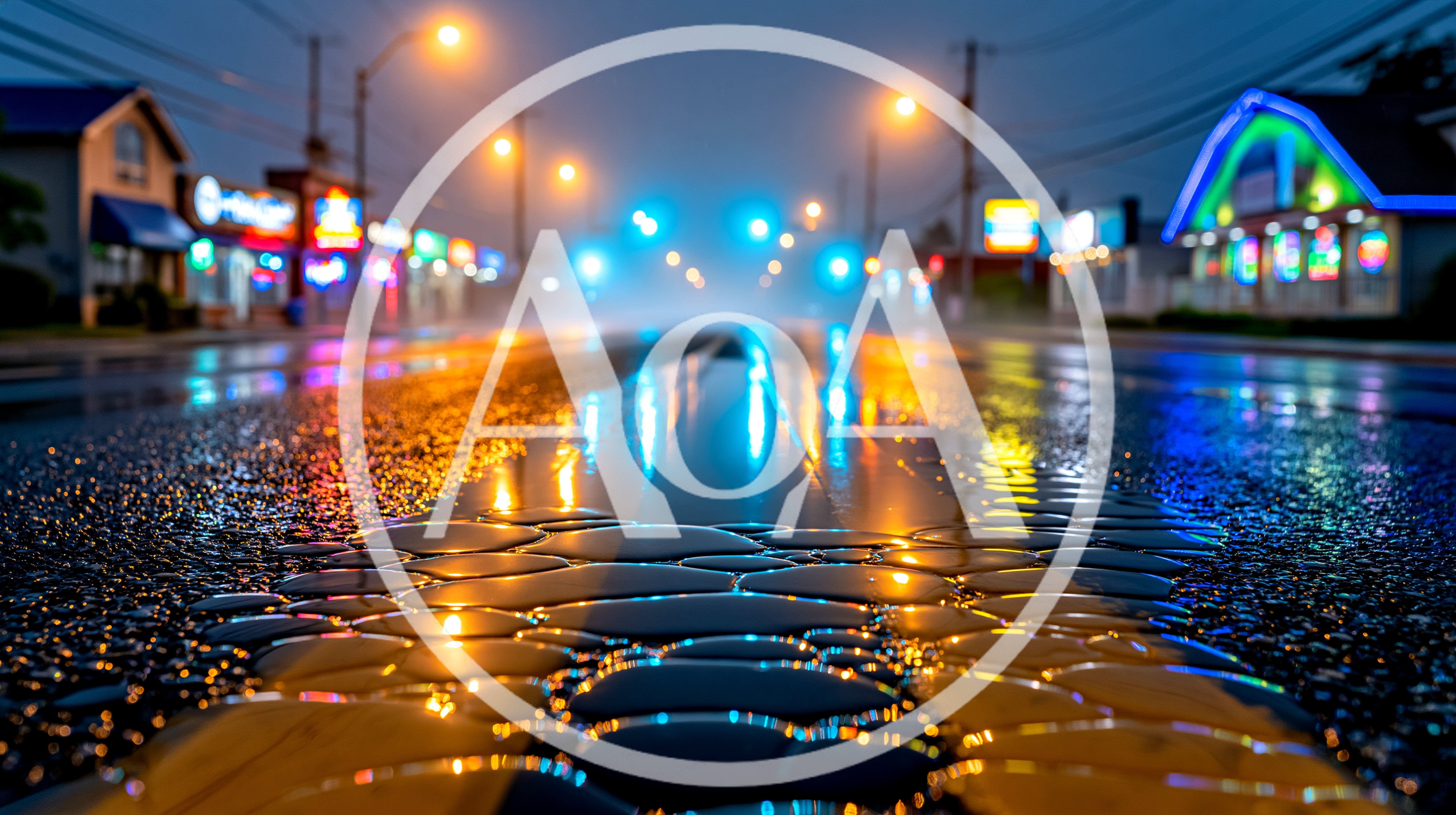 Wet Asphalt Road With Glowing City Lights At Night