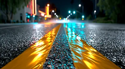 Low Angle View Of Wet Asphalt Road At Night