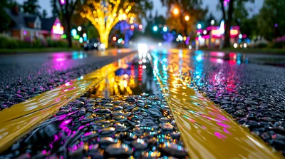 Wet Asphalt Road With Yellow Lane Markings At Night