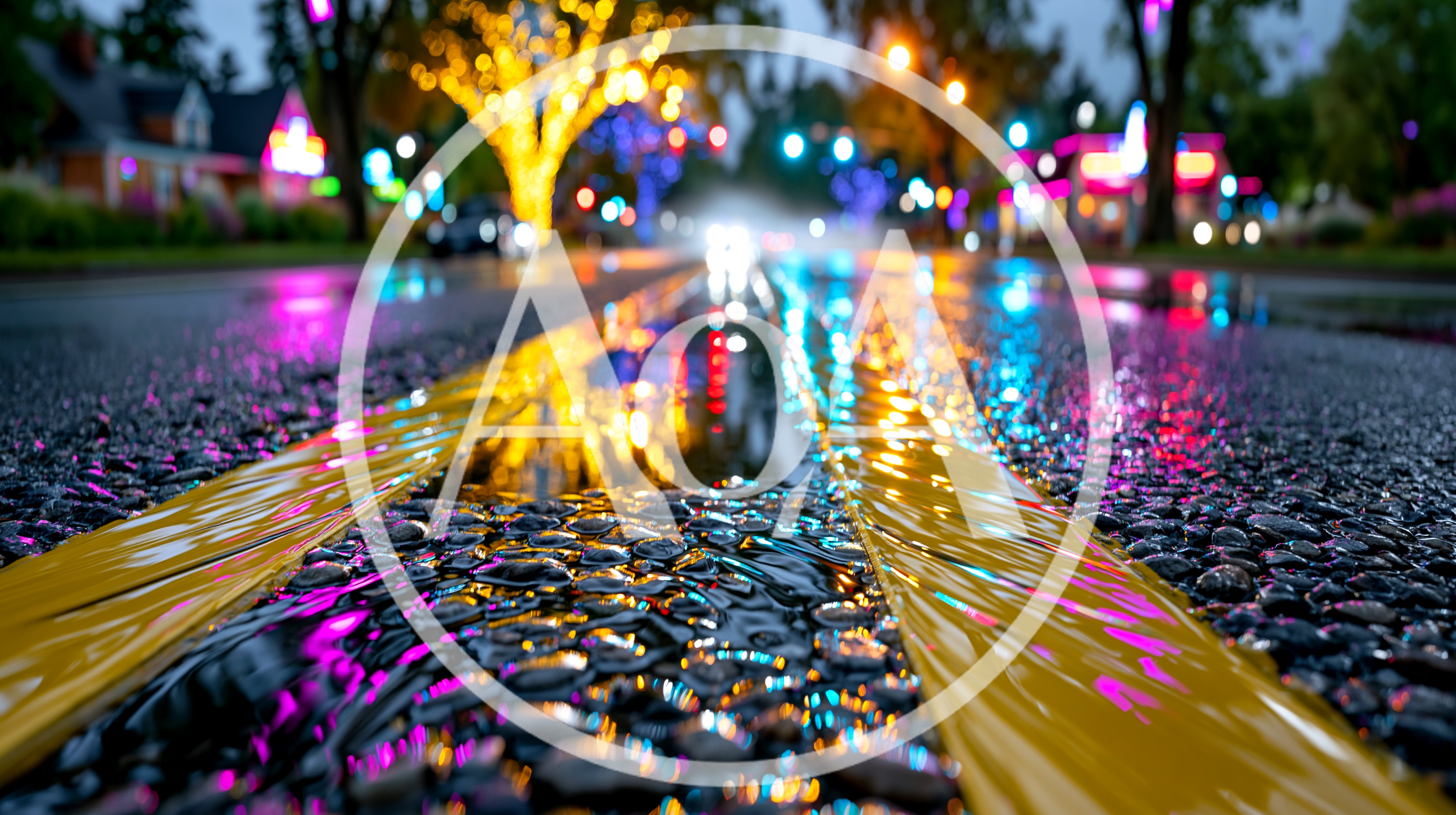 Wet Asphalt Road With Yellow Lane Markings At Night