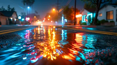 Reflective Puddle On A Suburban Street At Night