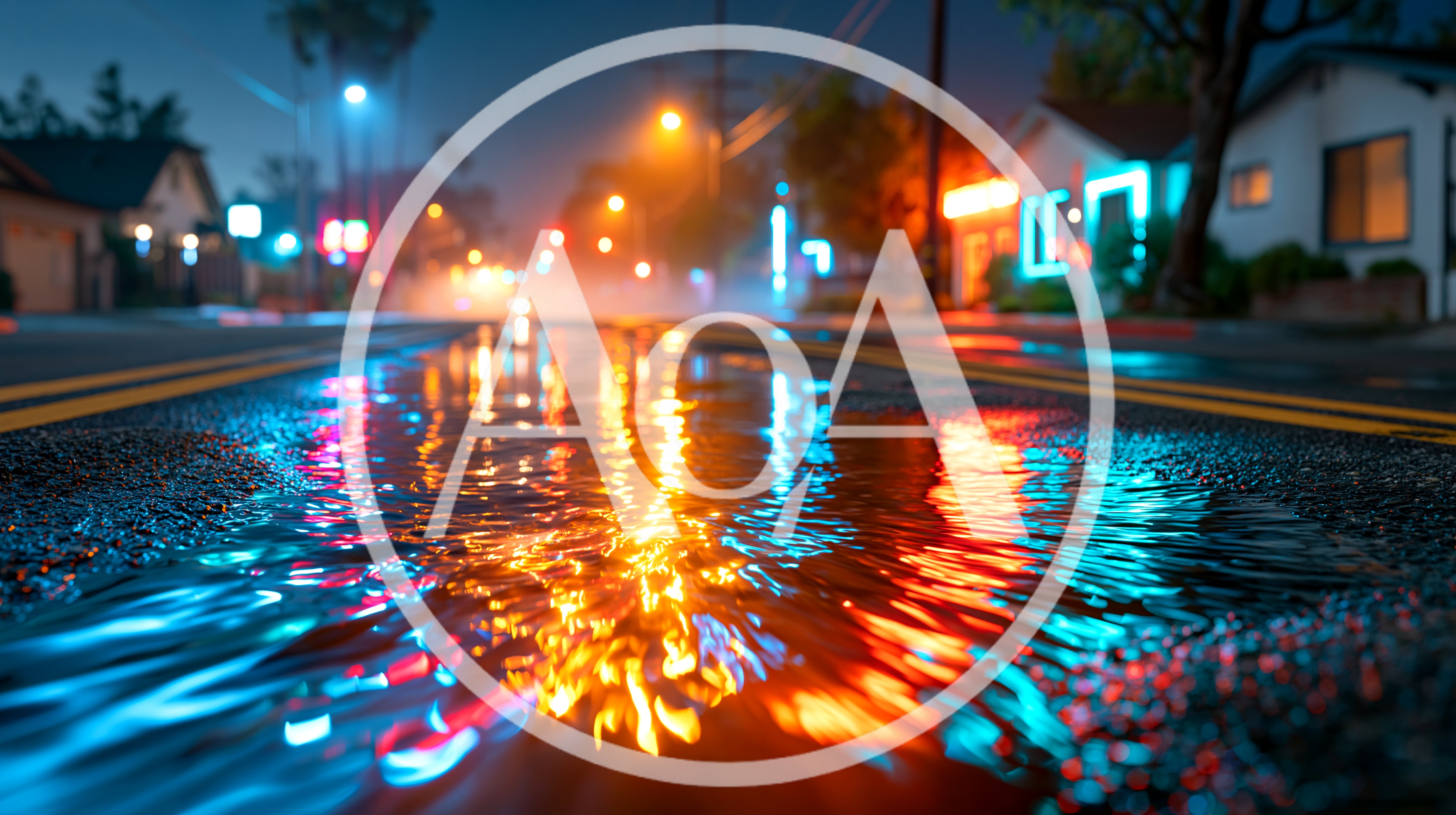 Reflective Puddle On A Suburban Street At Night