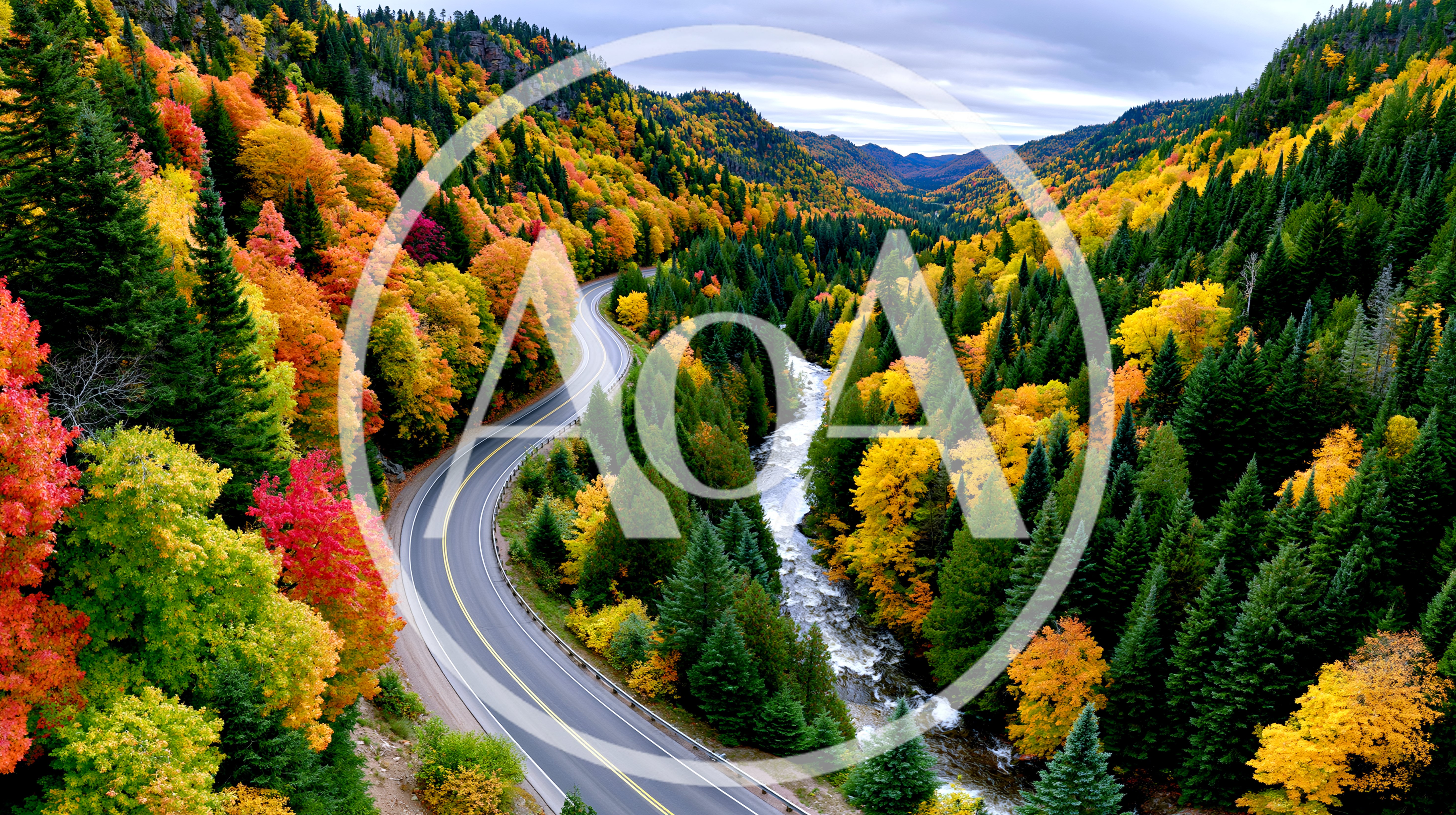 Winding Road Through Autumn Forest With River