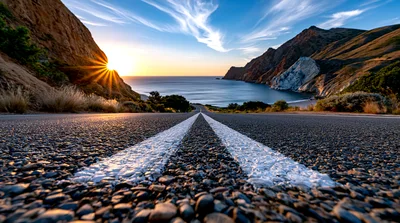 Scenic Coastal Highway Road Leading To Ocean Sunset